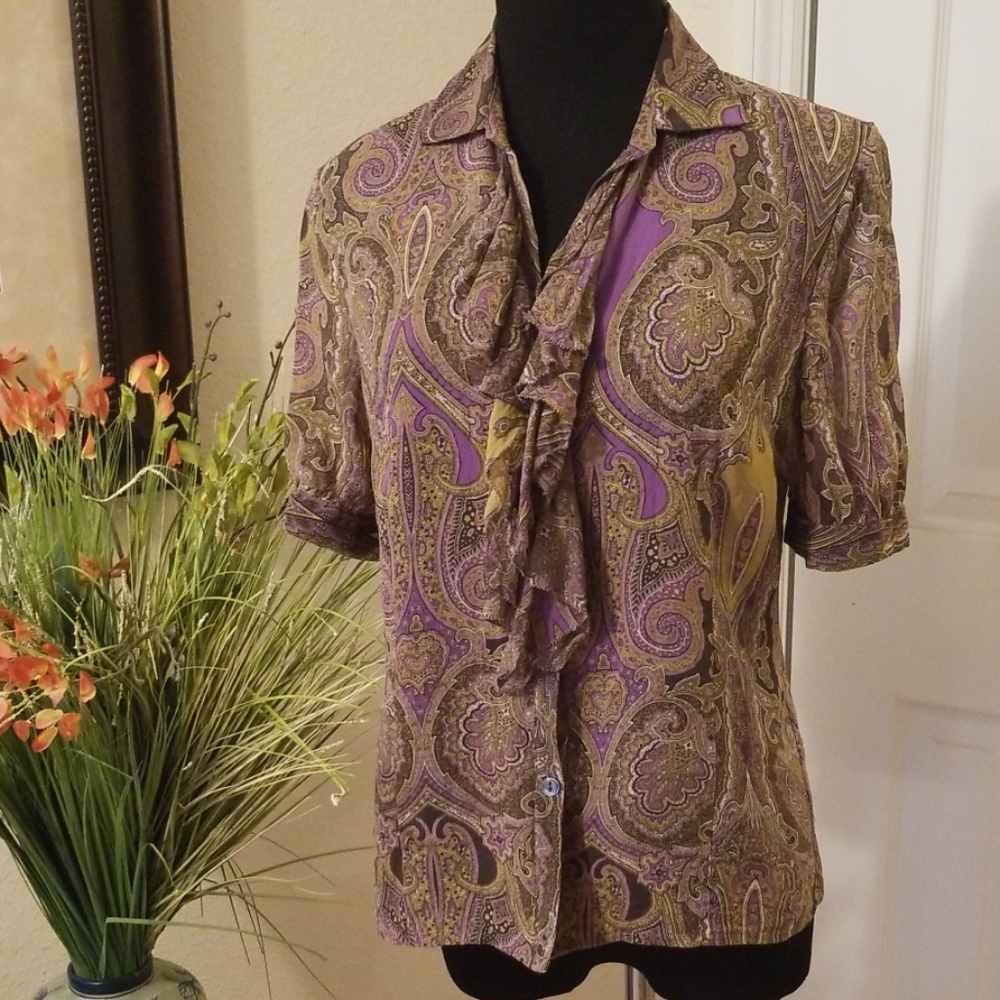 Silk short sleeve career ruffle neck top blouse